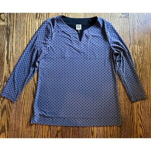 ANNE KLEIN Polka Dot Stretchy Split Neck Women’s Top Tunic Size Small Black Gray